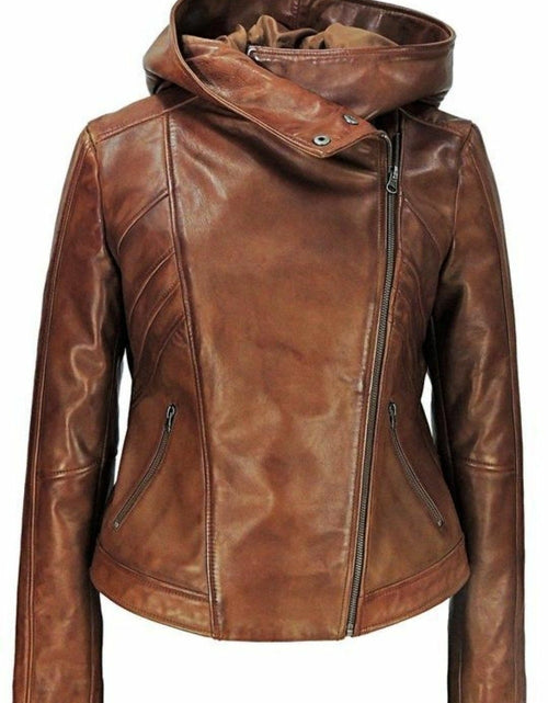 Load image into Gallery viewer, Sasha High Fashion Womens Hooded Leather Jacket
